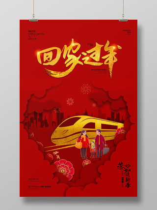 春节回家红色简约剪纸风回家过年2020鼠年春节春运海报
